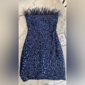 New NWT B Darlin size 5/6 Navy Sequin and Feather cocktail Dress